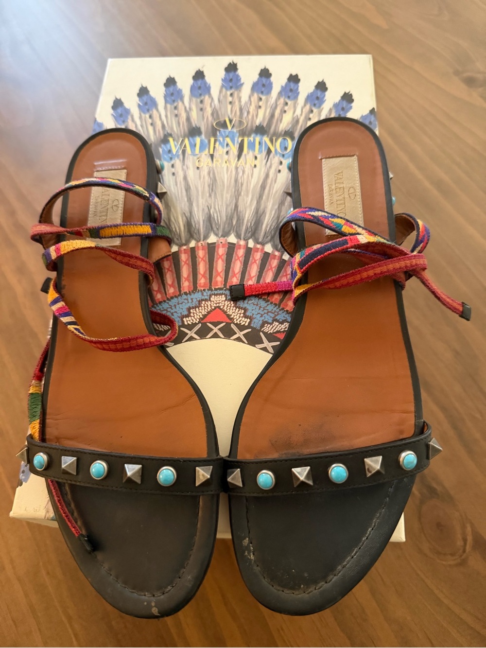 Valentino Black Leather Sandals with Multicolor Woven Straps and Turquoise Studs
